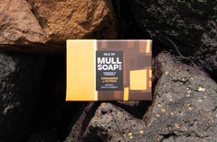 a cinnamon and citrus soap box displayed amongst rocks and seaweed at the shore. The box is a a brown and orange design. The soap is described as woody, spicy and sweet. Handmade in Tobermory by the Isle of Mull soap co.  