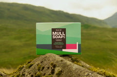 a Teatree and peppermint soap box sitting on a rock with a hilly backdrop depicting the box design. The box is a sea landscape with a pink roofed cottage. The soap is described as fresh, cool and healing. Handmade in Tobermory by the Isle of Mull soap co.  