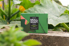 a gardeners soap box sitting on a shelf in a potting shed. The box is dark green and bold leaf design. The soap is medicinal, healing and a mild exfoliant. Handmade in Tobermory by the Isle of Mull soap co.  