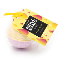 half yellow and half pink  round pear drops bath bomb presented as a gift in a bag with coloured tag and bow. Handmade by the Isle of Mull soap co in Tobermory, Scotland. 
