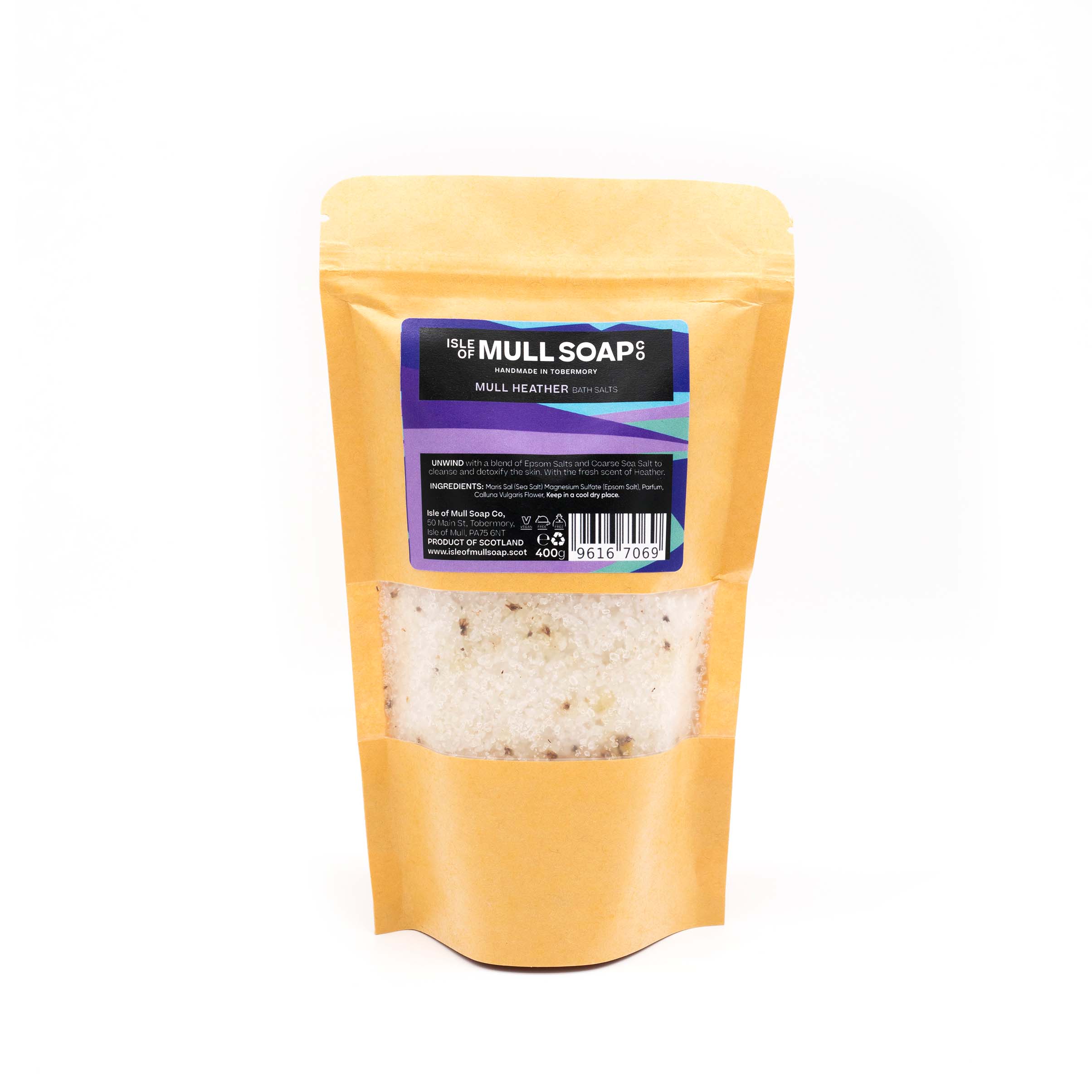 Kraft display bag with window containing  mull heather bath salts. white with heather flowers through them. handmade in Tobermory by the Isle of Mull soap co.