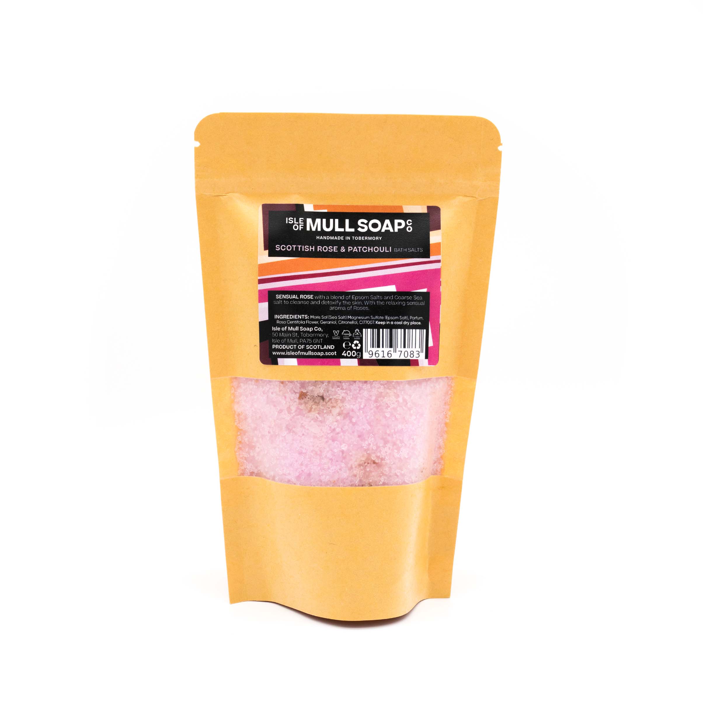 Kraft display bag with window containing sensual pink Scottish rose and patchouli bath salts with rose petals in.  handmade in Tobermory by the Isle of Mull soap co.