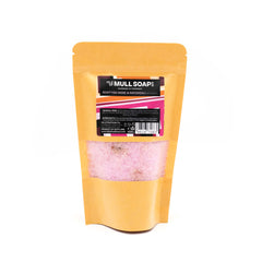 Kraft display bag with window containing sensual pink Scottish rose and patchouli bath salts with rose petals in.  handmade in Tobermory by the Isle of Mull soap co.