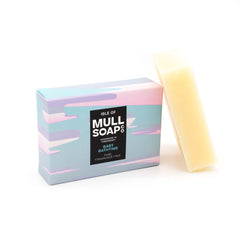 A pure, fragrance free Baby Bathtime soap box sitting next to the soap bar. The box is pale pink and blue. Handmade in Tobermory by the Isle of Mull soap co.  