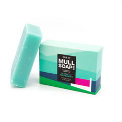 a Teatree and peppermint soap box sitting next to the blue soap bar. The box is a sea landscape with a pink roofed cottage. The soap is described as fresh, cool and healing. Handmade in Tobermory by the Isle of Mull soap co.  