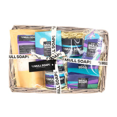 large mull heather seagrass basket gift set. filled with the full range of Mull heather products all handmade in Tobermory by the Isle of Mull soap co 