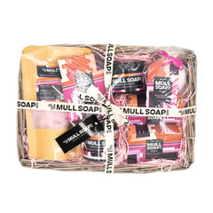 large Scottish rose and patchouli seagrass basket gift set. filled with the full range of Scottish rose and patchouli  products all handmade in Tobermory by the Isle of Mull soap co 