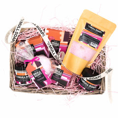 large Scottish rose and patchouli seagrass basket gift set. filled with the full range of Scottish rose and patchouli  products all handmade in Tobermory by the Isle of Mull soap co 