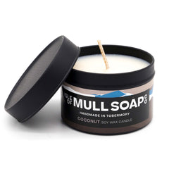A black tin and lid with brown and white label. coconut soy wax candle handmade in Tobermory by the Isle of Mull Soap Co 