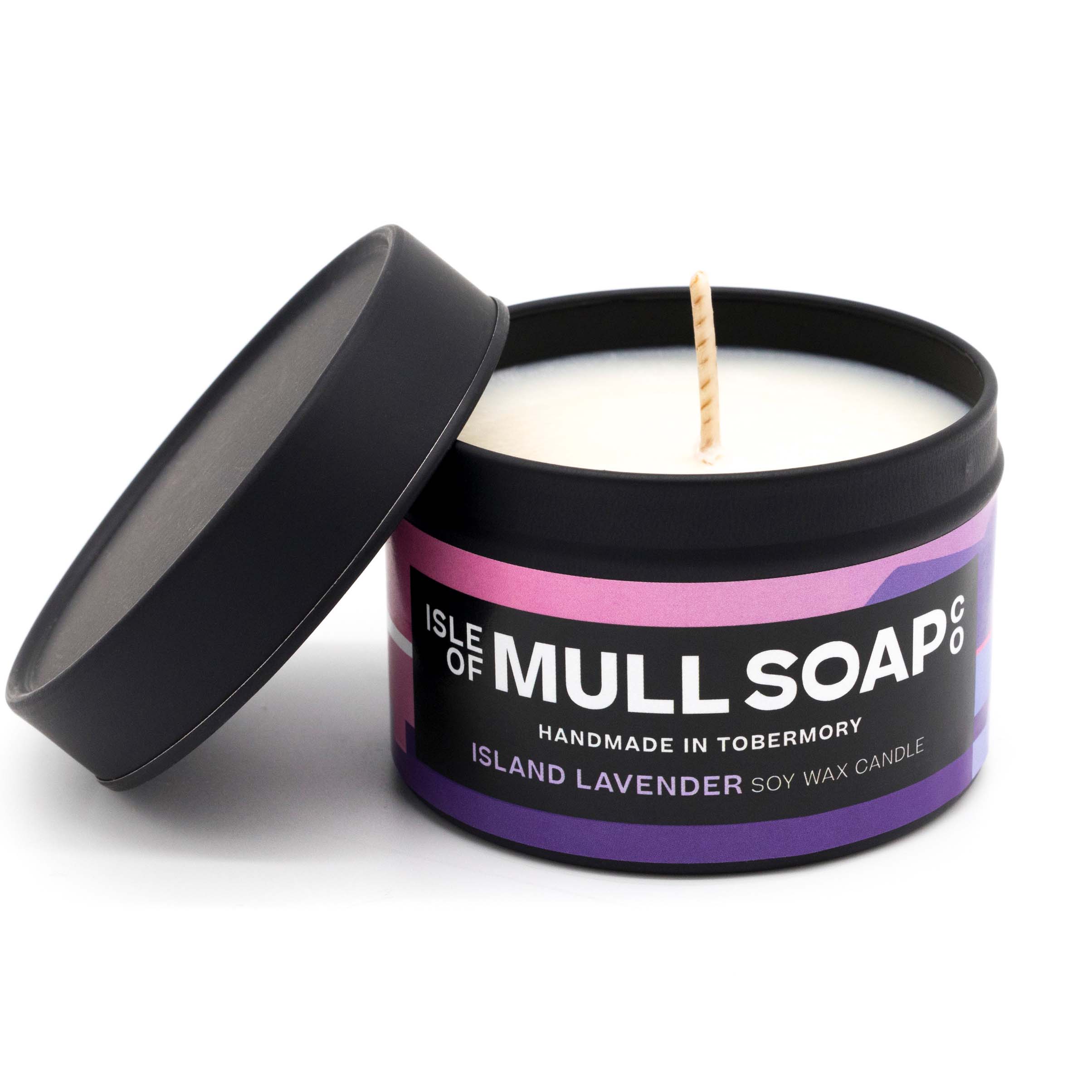 A purple and pink colourful label. island lavender soy wax candle handmade in Tobermory by the Isle of Mull Soap Co 